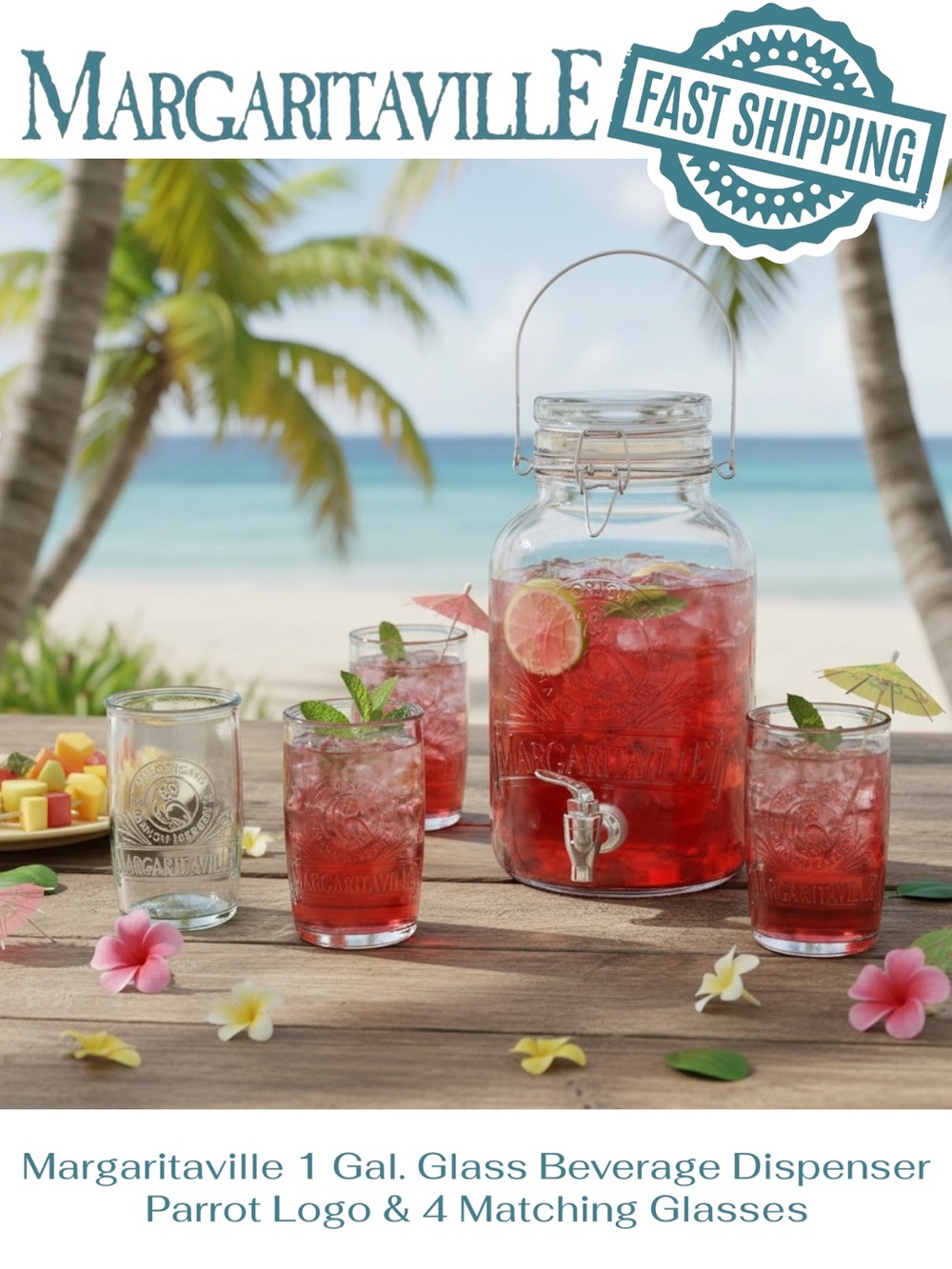 Margaritaville 1 Gal. Glass Beverage Dispenser Parrot Logo & 4 Matching Glasses